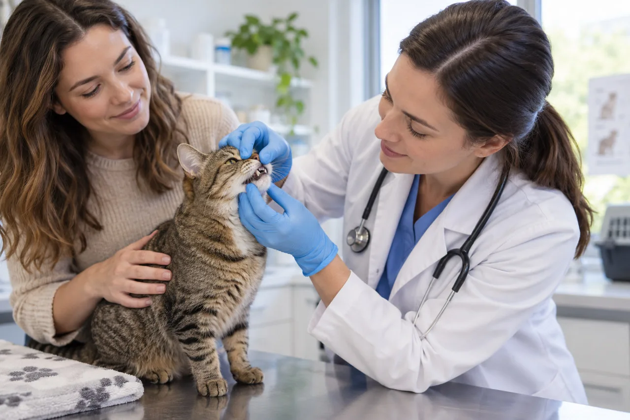 Veterinarian examining a tabby cat’s mouth while its owner supports it