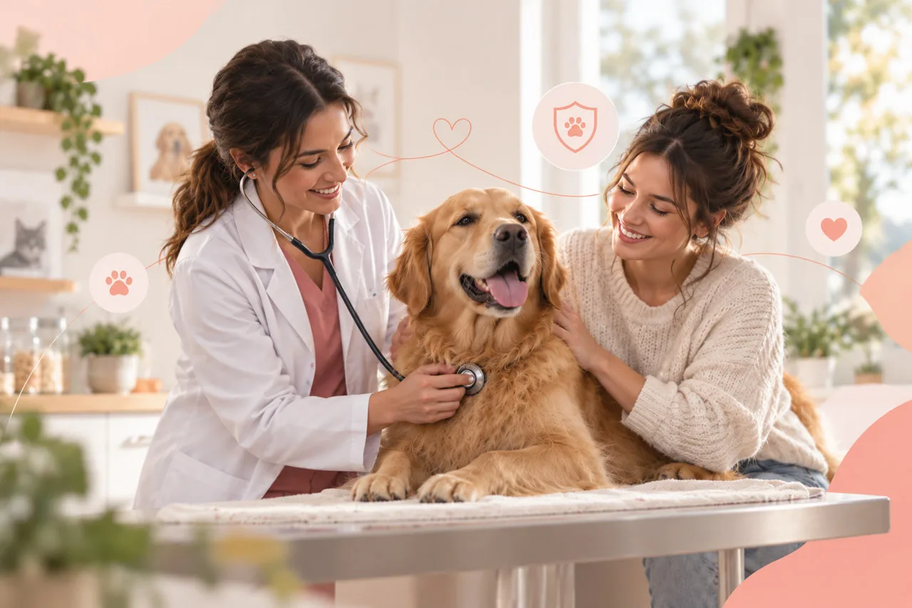 Veterinarian examining a dog with its owner beside the table